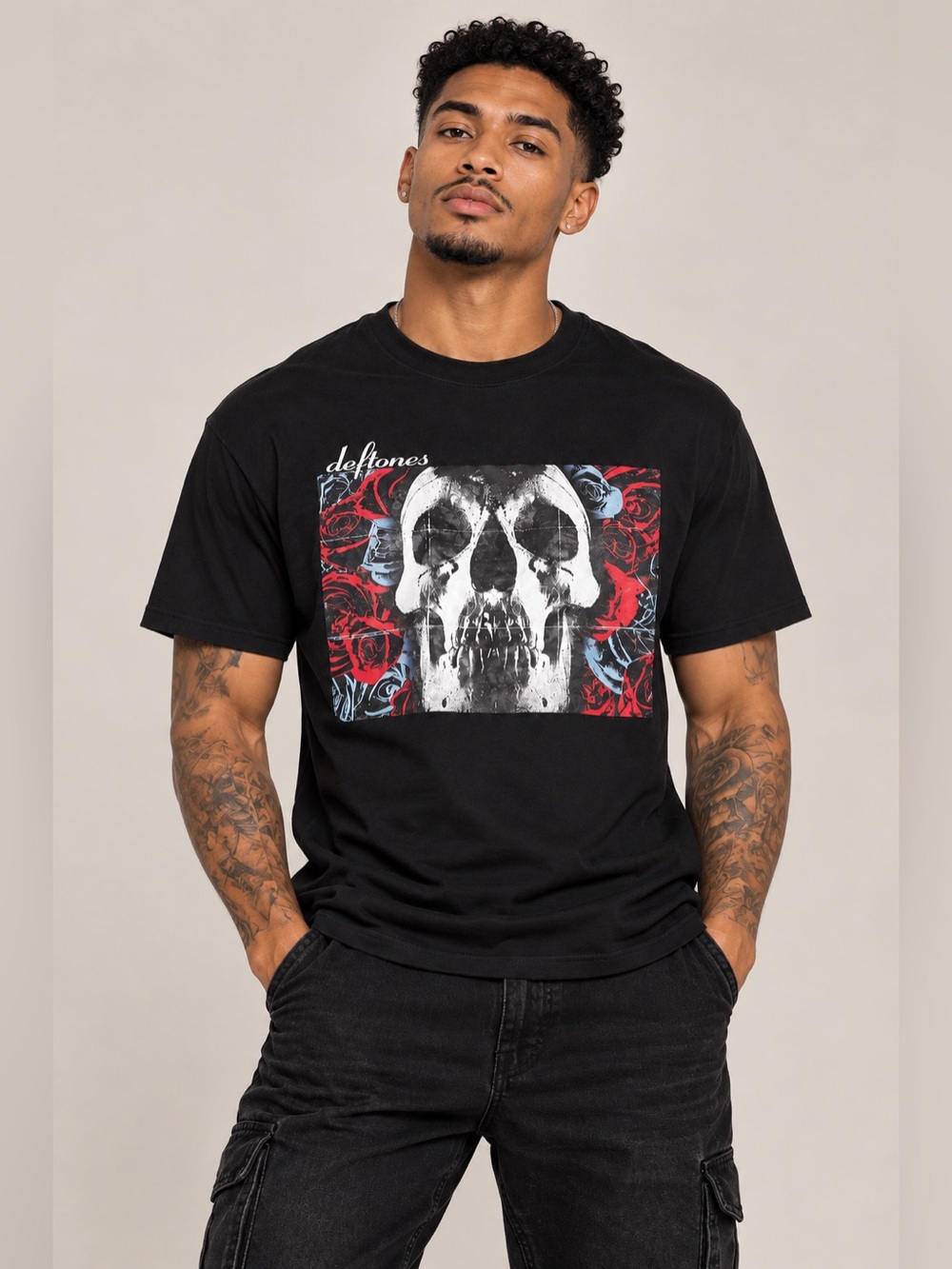 Deftones Skull & Roses Black Graphic Band Tee 100% Cotton Grunge Y2K